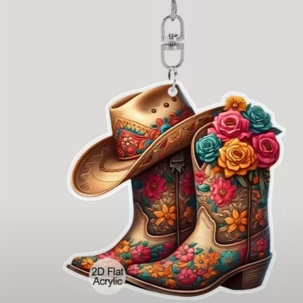 Floral Cowboy Boots and Hat Keychain